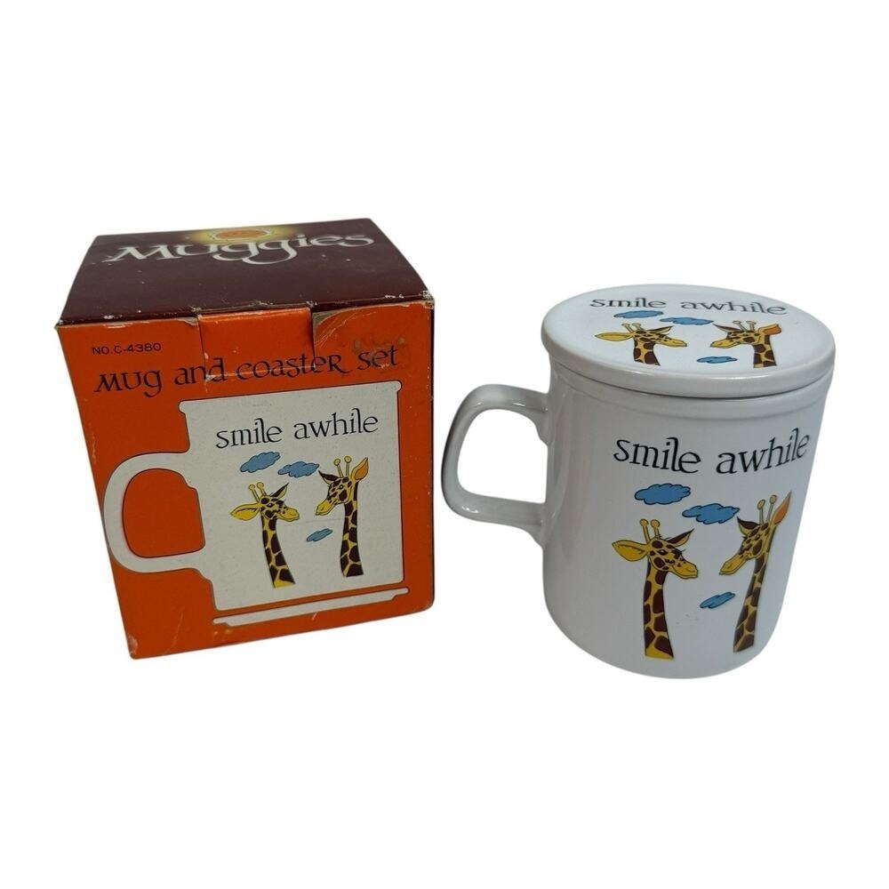 Vintage Muggies Mug‎ & Coaster Set Giraffe Smile Awhile Coffee Cup Cartoon Japan